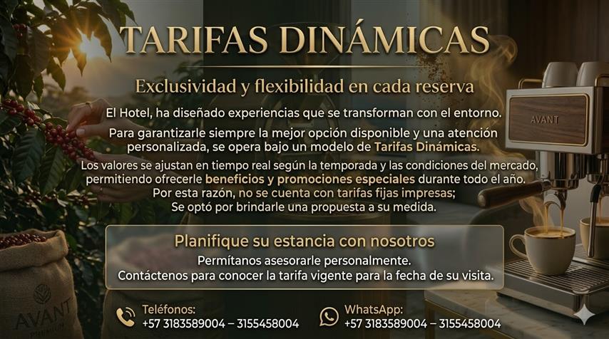 tarifas-dinamicas - Termales Santa Rosa de Cabal, Hotel, Alojamiento, Hospedaje Banner publicitario de tarifas dinámicas para un hotel, con el texto “TARIFAS DINÁMICAS” y una máquina de espresso a la derecha en un fondo cálido.